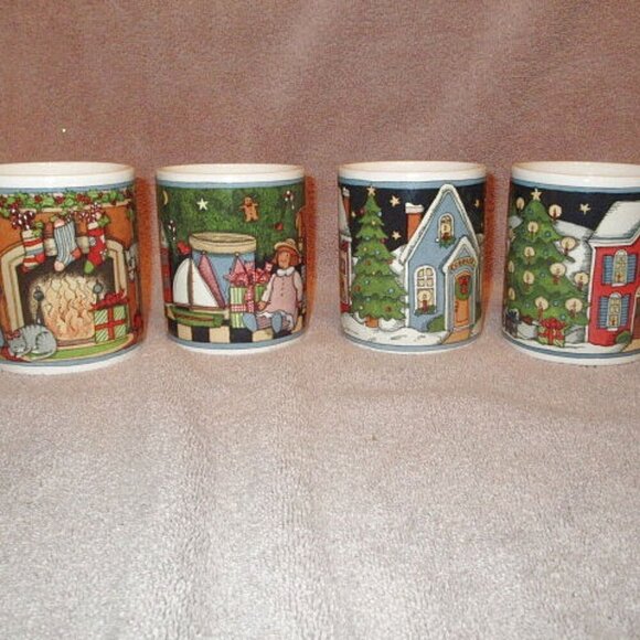 1993 Vtg Set Of 4 Christmas Mugs Holiday Village Susan Winget Stoneware NIB - Picture 1 of 12